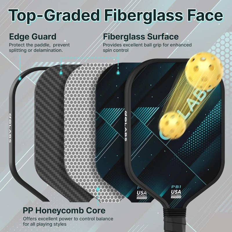 GOLABS PB1 Pickleball Paddles Set of 2, Durable Fiberglass Surface& 16mm STR-Core Power Polymer Core, USAPA Approved, 8oz Lightweight & Comfort Anti-Slip Elongated Grip for Increased Power and Spin - Image 3